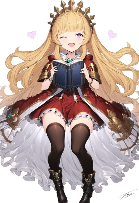 masterpiece, best quality, ultra-detailed, beautiful, nai3, 1girl, solo, full_body, tachi-e, 
cagliostro \(granblue fantasy\), 1girl, ;d, arm guards, black footwear, black thighhighs, blonde hair, blunt bangs, blush, book, boots, bracelet, cape, full body, glowing, heart, holding, holding book, jewelry, knee boots, knees together feet apart, liquid, long hair, looking at viewer, one eye closed, open book, open mouth, purple eyes, red ribbon, red skirt, ribbon, signature, simple background, skirt, smile, solo, test tube, thighhighs, v, very long hair, white background