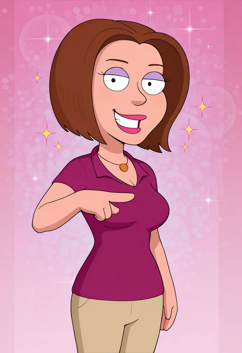 masterpiece, best quality, amazing quality, gr3tch3nm, 1girl, brown hair, necklace, purple polo shirt, beige pants, pointing down, looking at viewer, grin, cowboy shot, pink background, (colorful sparkles background, light rays:0.9),