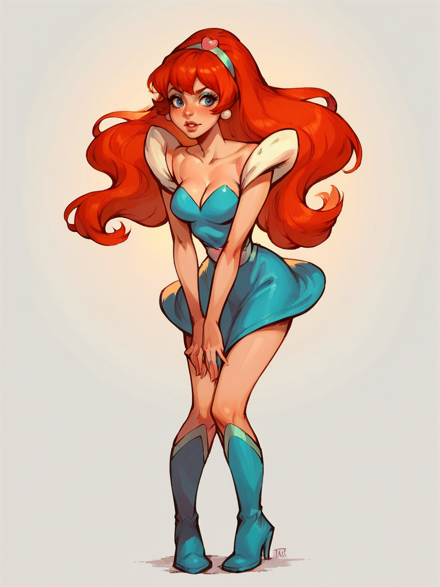 score_9, score_8_up, score_7_up, score_6_up, score_5_up,   <lora:kimberlySAXLP:1> kimberlysa, 1girl, solo, long hair, orange hair, blue eyes, makeup, knee boots, dress,    white background,