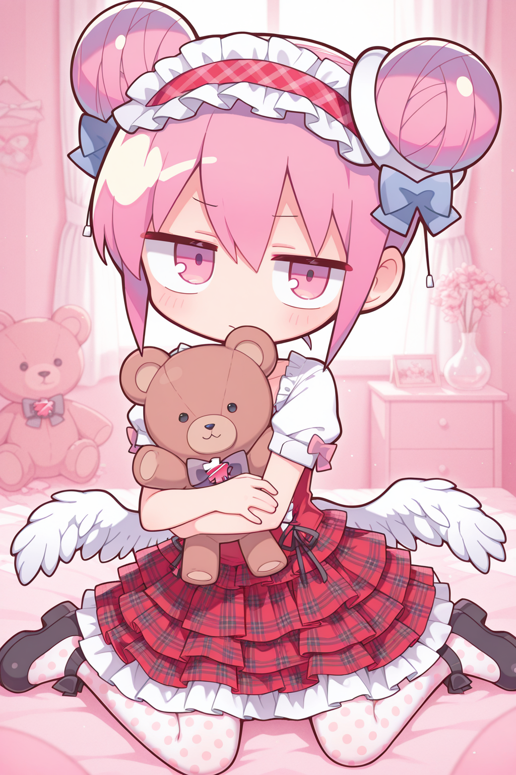 1girl,
DadadadaTenshiMusicVideo,
general, solo, 
double bun, no choker, chibi,
Showaretrocakeskirtdress, plaid, red dress, hair bow, pantyhose, black footwear, polka dot legwear, (layered skirt:1.2), ribbon, (ribbon plaid hairband:1.1), white short sleeves, frill,
looking at viewer, wariza, teddy bear,
pink theme, room,
<lora:kp_DadadadaTenshiMusicVideoIllustrious_v1_0:1.0>,
<lora:Showaretrocakeskirtdress-10:1.0>,
masterpiece, best quality, amazing quality