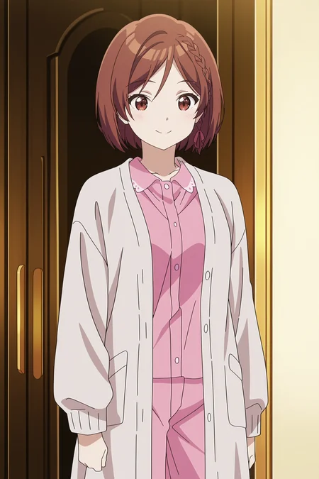 anime screencap, anime coloring, detailed face, masterpiece, best quality, very aesthetic, absurdres, volumetric lighting, amazing quality, ultra detailed,  highres, amazing quality, scenery, beautiful detailed hair, beautiful detailed eyes, perfect face,
 <lora:Akane_Sakuramori_Himari_Ishikura_Shisei_Houjou_and_Maho_Sakuramori_Im_Getting_Married_to_a_Girl_I_Hate_in_My_Class:1>
Akane gray coat outfit, Akane Sakuramori (character), 1girl, solo, braid, brown hair, brown eyes, short hair, cardigan, pink shirt, pajamas, short hair, open cardigan, open clothes, in a bedroom, standing, cowboy shot, closed mouth, smile