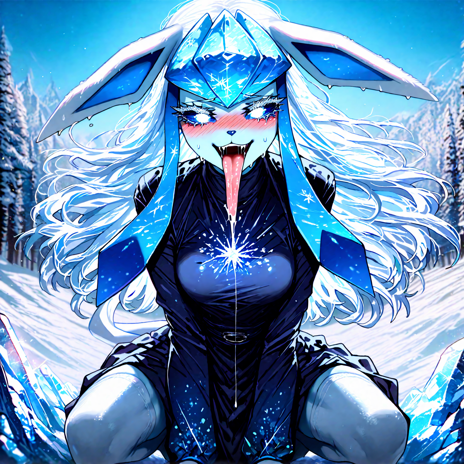 pokemon, glaceon , 1girl, ban! \(bansankan\):0.7, quasarcake:0.8, wlop:0.9, animal_ears ,animal_nose,blue_fur ,blue_hair ,blue_sclera, blue_sky ,blue skin,blue_theme, blurry, blush, body_fur, breasts,colored_sclera, cowboy_shot ,  fang, furry ,furry_female,  happy , medium breasts, looking_down , nose_blush, outdoors, personification ,pokemon_(creature),long_hair, shiny_skin ,sidelocks,sky, smile, solo ,sweat , tail ,white_eyes, long_sleeves, black_shirt ,black dress, white thighhigh, 
, squatting,long tongue, tongue_out , saliva,saliva_trail ,open mouth, leg, leg focus, from blow, looking at viewer,pov,
snowy, snow, outdoors,, fr0stwrld, ice ,
masterpiece, best quality, Good quality, very aesthetic, absurdres, newest, (Perfect details), solo,
<lora:Fr0stWrld4:0.7>, <lora:ponyv5_noobV065S_1_adamW:0.8>, <lora:illustrious_noobai_epsilon_pred_1_best_quality_v1:0.7> ,<lora:illustrious_noobai_epsilon_pred_11_very_aesthetic_v1:0.7> ,<lora:illustrious_noobai_epsilon_pred_1_masterpieces_v1:0.7>