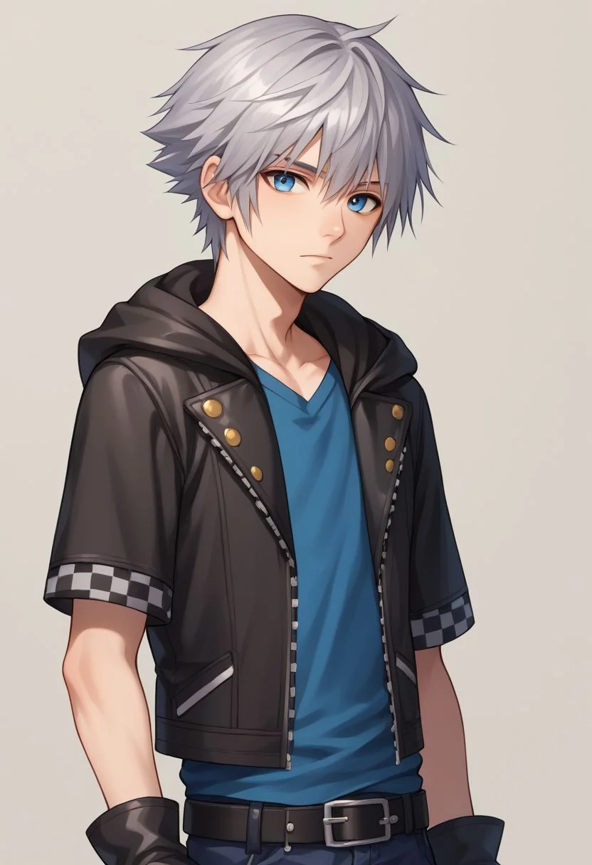 score_9, score_8_up, source_anime, highly detailed, 1boy, solo, male_focus slender, skinny, upper body,
riku, 1boy, male focus, solo, gloves, fingerless gloves, boots, hood, jacket, black gloves, belt, zip, silver hair, blue eyes, checkered clothes
outdoor,