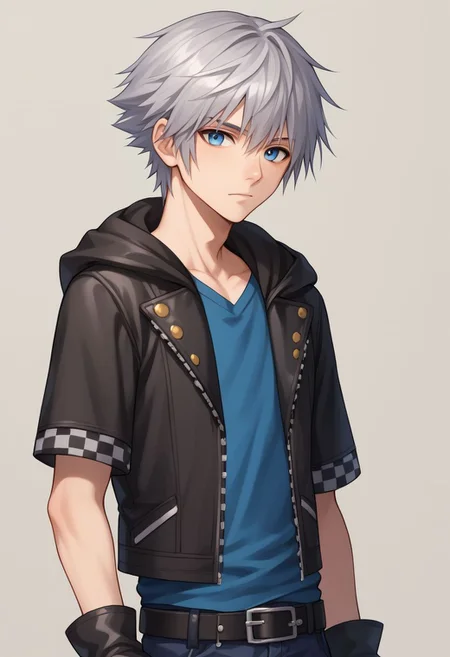 score_9, score_8_up, source_anime, highly detailed, 1boy, solo, male_focus slender, skinny, upper body,
riku, 1boy, male focus, solo, gloves, fingerless gloves, boots, hood, jacket, black gloves, belt, zip, silver hair, blue eyes, checkered clothes
outdoor,