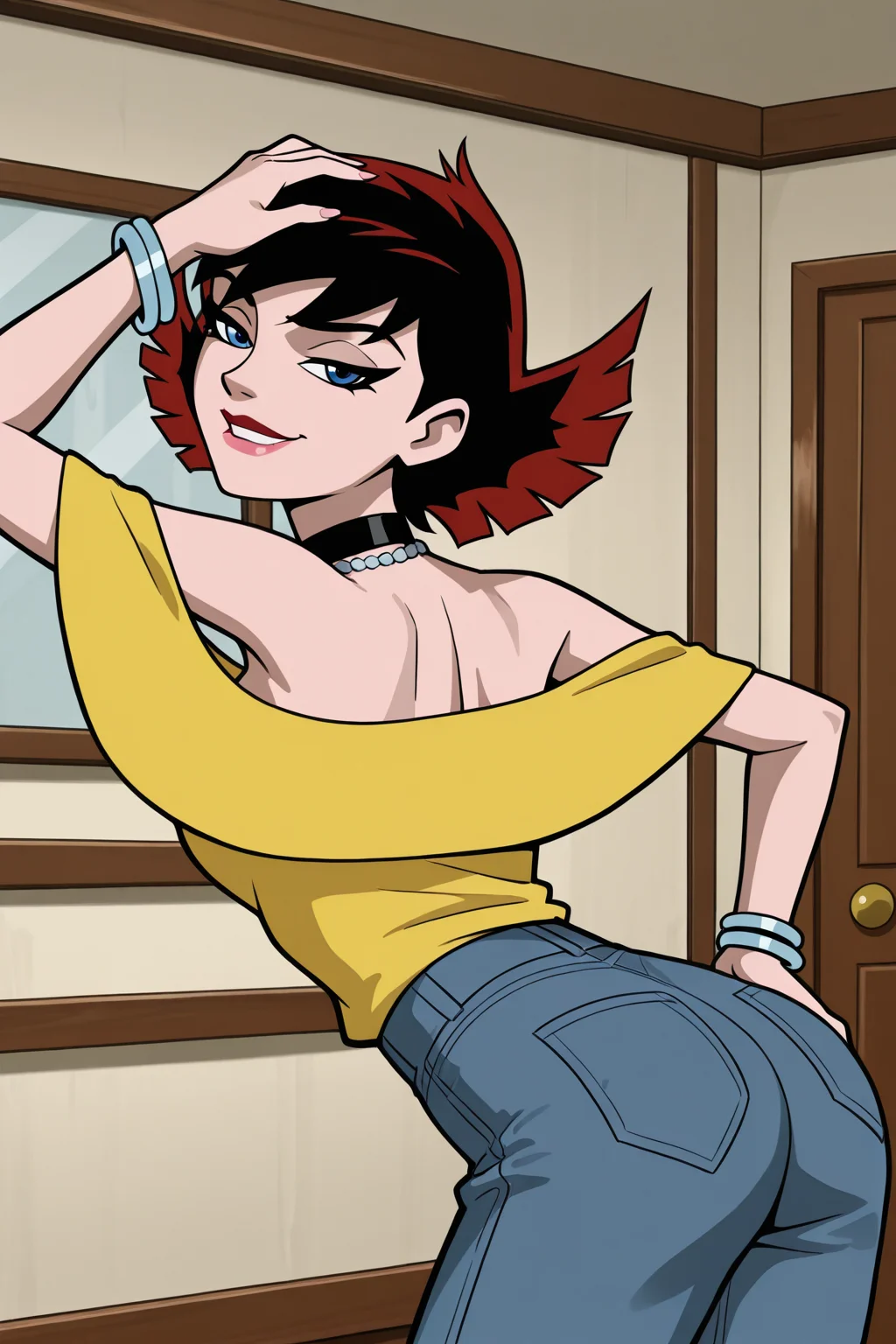 ((parody, parody style), perfect anatomy, perfect eyes, cowboy shot, from behind) BREAK <lora:WaspIL:1> janet van dyne, short hair, multicolored hair, red hair, black hair, blue eyes, lipstick, sultry eyes, naughty face, sultry face, half-closed eyes, smirk, ((looking back at viewer)), necklace, cleavage, yellow shirt, off-shoulder shirt, bracelet, pants, arched back, model pose, flirting with viewer, pinup pose, hand on head, swaying her hips, indoors
