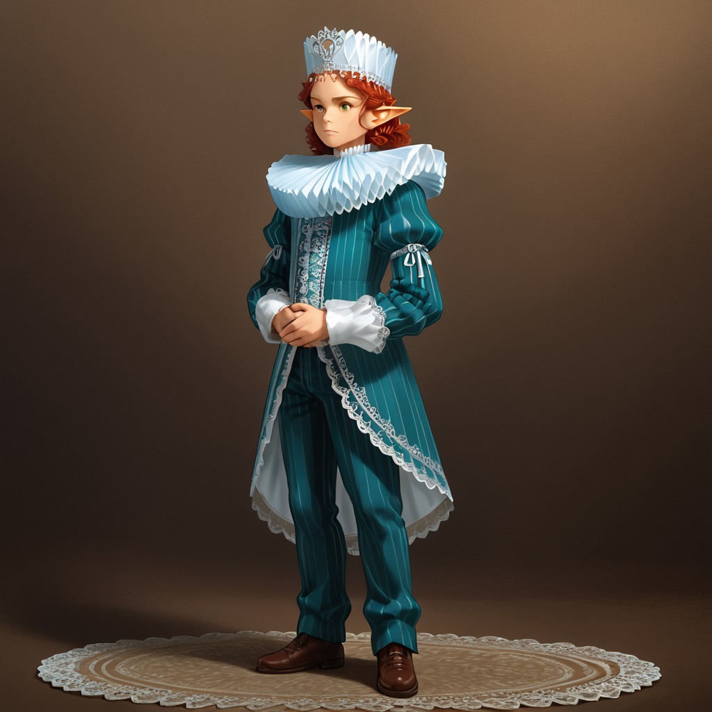 solo,elf,pointy hat,standing,bright red hair,pointy ears,striped turquoise and yellow,pants,puffy sleeves,ruff collar,full body