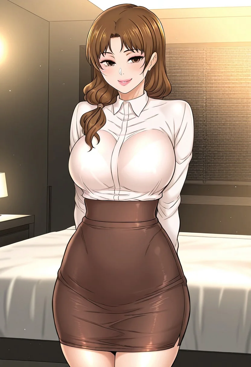 score_9, score_8_up, score_7_up, score_6_up, source_anime, BREAK, 1girl, solo, (( <lora:min-ji:1> , min-ji, thin waist, wide hips, beautiful skin, piercing light brown eyes, clear eyes, bright pupils, beautiful eyes, beautiful light brown hair, low tied hair, hair over shoulder, bangs, huge and shaggy breasts, natural beauty, extraordinary beautiful woman, attractive woman, super sexy woman, lustful body, sexy woman with seductive obscene body, sensual body, voluptuous body, sexy beauty, no piercings, no piercing, )) , ((long-sleeves white shirt, black pencil skirt, )) , sexy pose, cowboy shot, seducative smile, sexy, hands behind back, inside hotel room, morning lights,
