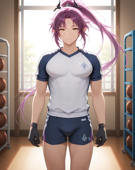masterpiece,best quality,amazing quality, newest, very aesthetic, absurdres,
1boy, solo, yaoi, male focus, looking at viewer, cowboy shot, standing,
<lora:Veigas_FSI_ilxl:1> veigasfsi, black gloves, forehead mark, pointy ears, purple hair, high ponytail,yellow eyes, floating hair,
gym uniform, gym shorts, gym shirt,
indoors, gym,