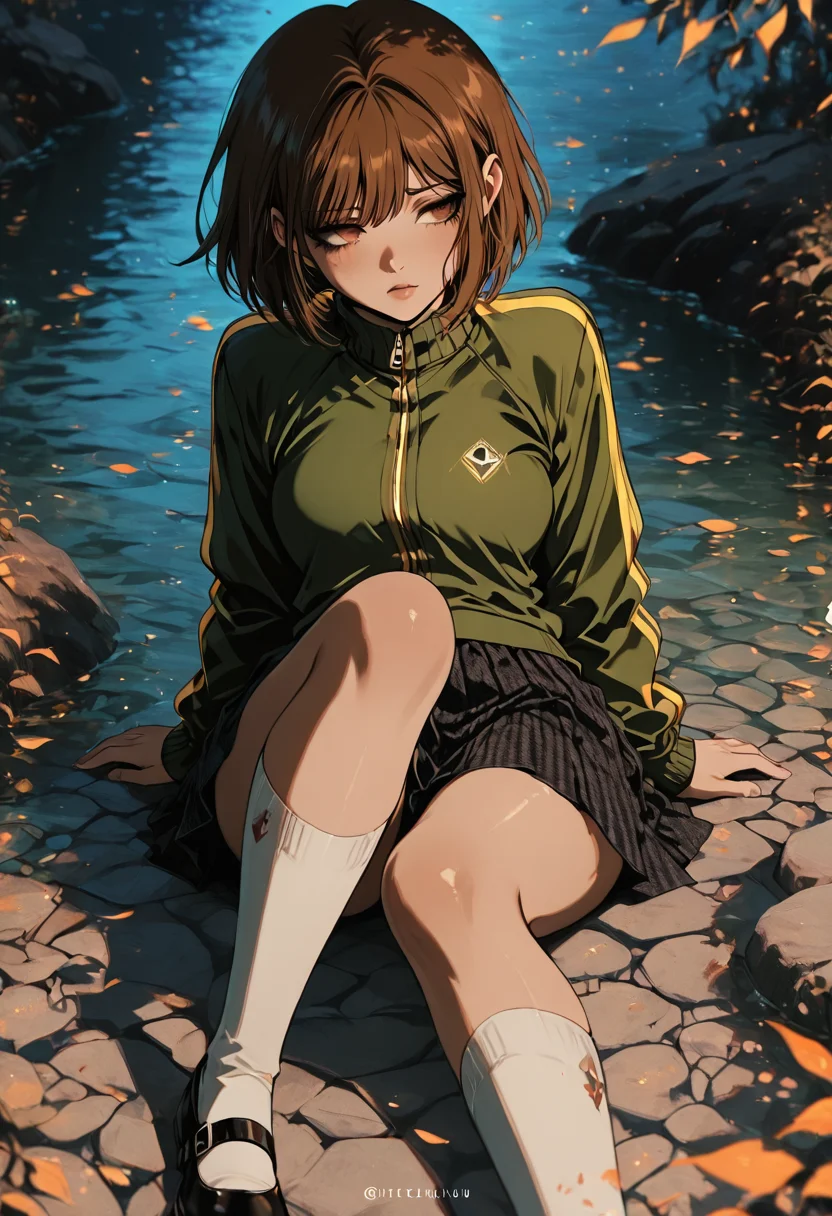 txt2img: newest, 2023, 2024, high detailed, subtle, high contrast, detailed background, color depth, chiaroscuro, impasto, smooth shading, glossy surfaces, shiny skin, intricate details, masterful shading, detailed background,modern, modern anime, anime,This is an anime screencap from Danganronpa 3. , criis-chan , <lora:Face_Enhancer_Illustrious:0.4> , <lora:cryostyle:0.9>, cryos2 , persona, persona_4, satonaka_chie, 1girl, brown_eyes, brown_hair, green_jacket, houndstooth, jacket,mary_janes, pleated_skirt, school_uniform, shoes, short_hair, skirt, socks, track_jacket, white_socks, yasogami_school_uniform , riverbank_steps, evening_sunset, training_area, peaceful_water, stone_path, cherry_trees