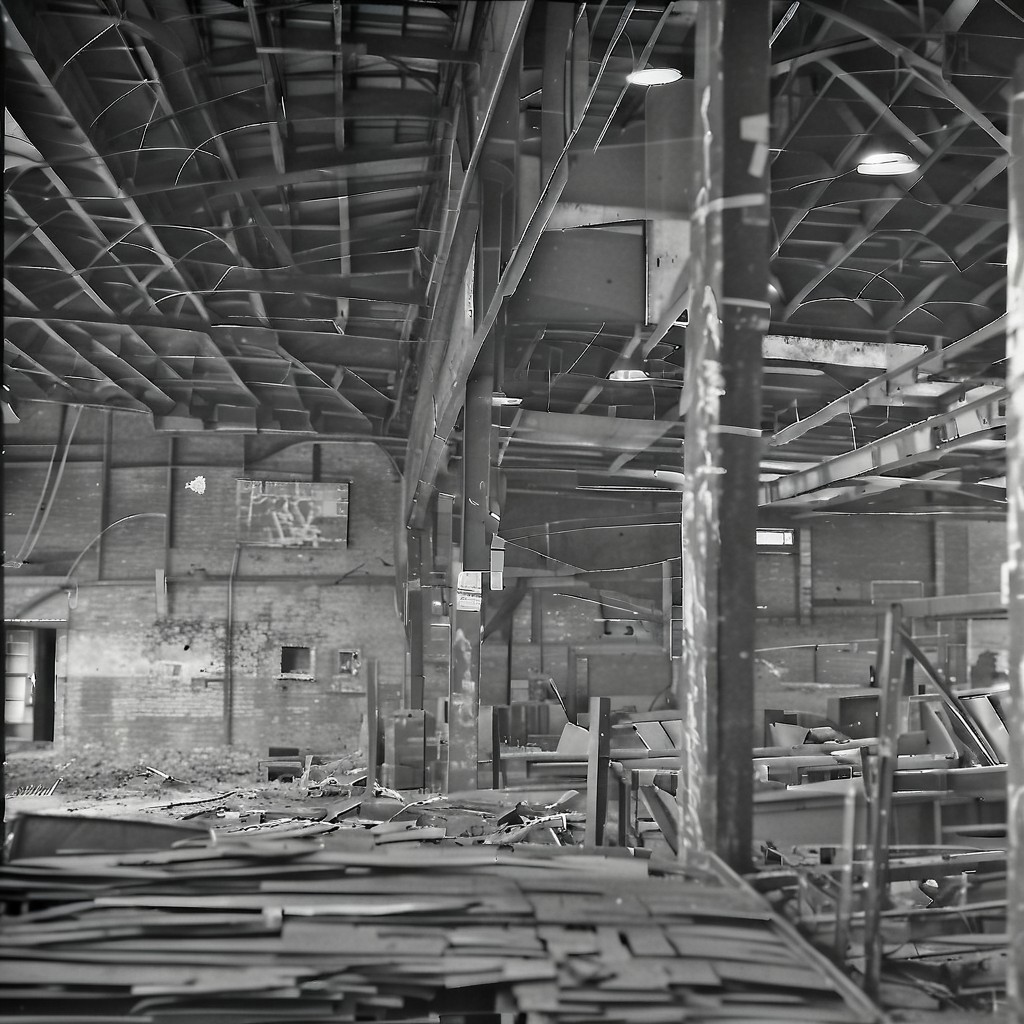 hasselblad monochrome, ein altes lostplace - alte fabrik - irgendwo in deutschland, innenansicht, gro﷿e halle