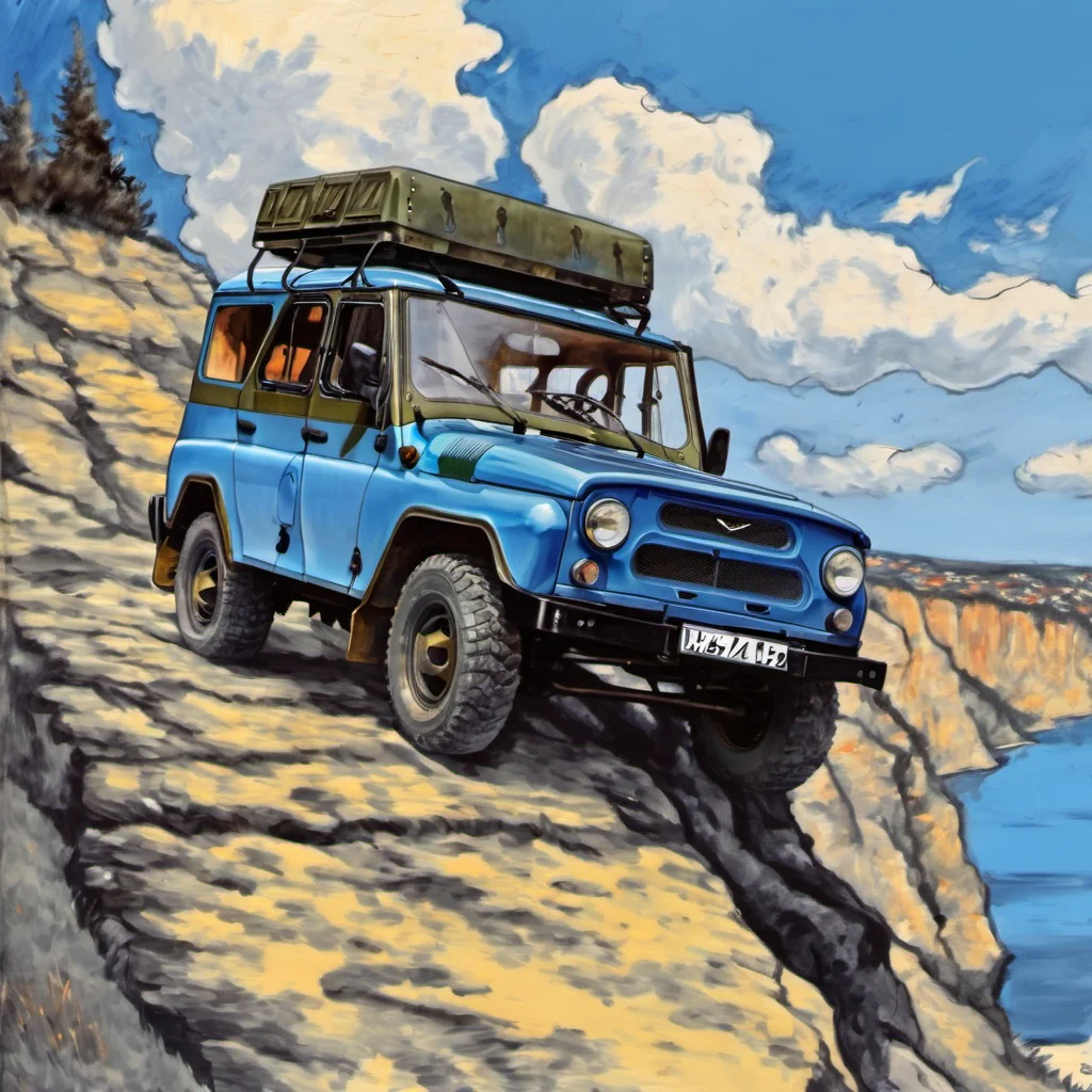 a painting of blue uaz_hunter on cliff in comics style <lora:uaz_hunter:1>