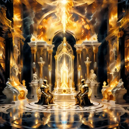 A clockwork knight on bent knee accepting a quest from the royal family, the family sits on shining golden thrones, the room is made of brilliant marble with torchlight reflecting off of it, reflections can be seen on the floors polished marble