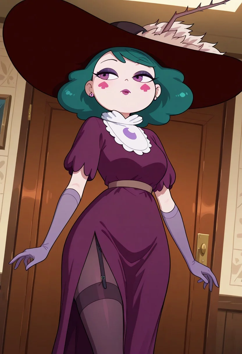 good quality, best quality, masterpiece, absurdres, high resolution, anime screencap, anime coloring, traditional media, masterpiece, best quality, amazing quality, very aesthetic, high resolution, ultra-detailed, absurdres, Indoors, dutch angle, cowboy shot
eclipsaILL
solo, green hair, purple eyes, makeup ,long purple dress, long hair, pantyhose, stockings, purple lipstick, elbow gloves, purple gloves, jewelry, hat, hat feather, garter straps, black footwear, eyeshadow, medium hair