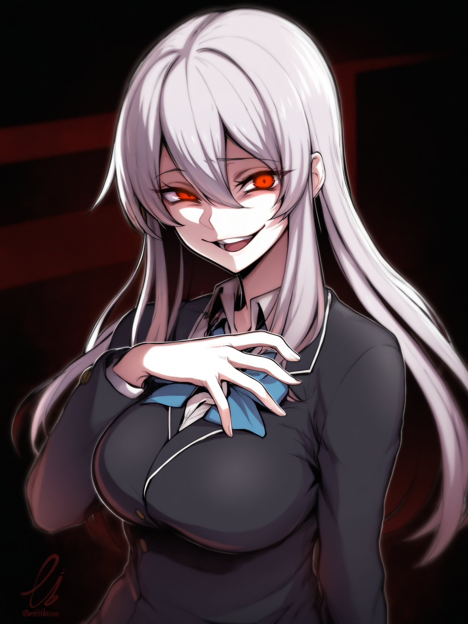 Masterpiece, Best Quality, Best Score, Best Anatomy,
 <lora:ebiblue_Artist_Style_IllustriousXL:1>,1girl, looking at viewer, gesugao, open mouth, evil smile, long hair, long sleeves, red eyes, hair between eyes, school uniform, large breasts,