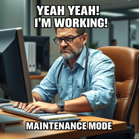 A disgruntled office worker, typing at his computer while saying "YEAH YEAH! I'M WORKING!" with a caption that says "MAINTENANCE MODE"