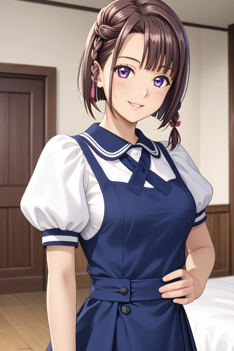 in monastery, (hand on waist, kimura manatsu, short hair, skirt, brown hair, shirt, single side braid hair, bob-cut, standing, school uniform, standing, purple eyes, white shirt, short sleeves, (blue pinafore dress), puffy sleeves, indoors, cowboy shot) 1girl, best quality, cowboy shot, seductive smile, Overall Detail, (slim, looking at viewer, young-adult), large breast, Fix hand <lora:Kimura_Manatsu_ATSK_Pony:1>