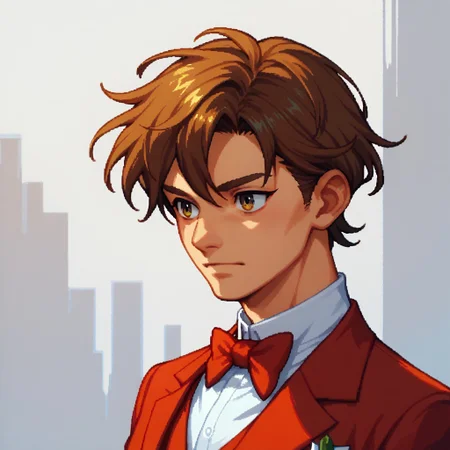 score_9, score_8_up, score_7_up BREAK Pixelstyle1, 1boy, short brown hair, red tuxedo,