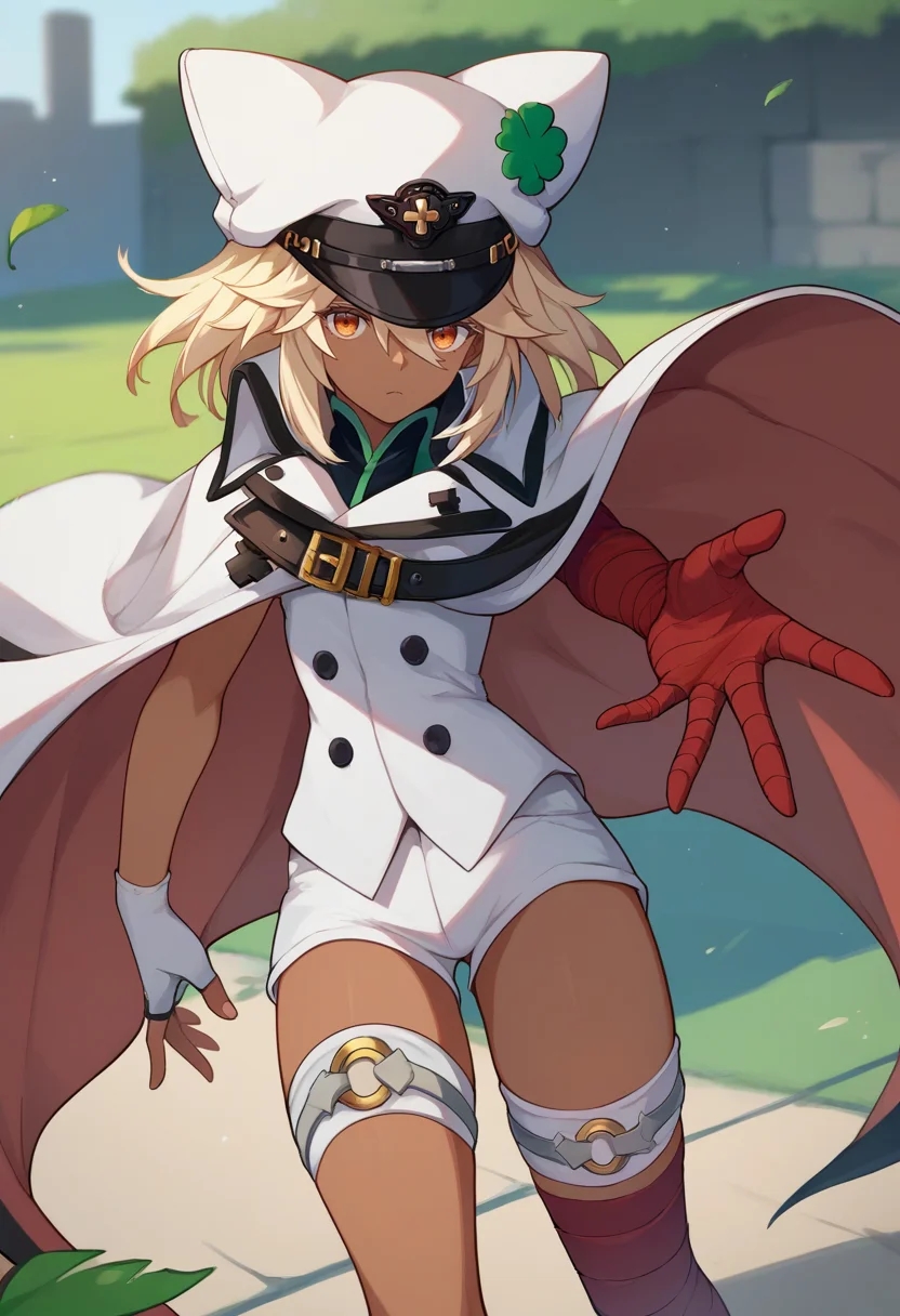 score_9, score_8_up, score_7_up, source_anime, 1girl, striveramlethal, dark skin, expressionless, looking at viewer, outstretched arm, hat, four-leaf clover, orange eyes, cape, white shirt, white gloves, fingerless gloves, white shorts, thigh strap, bandages, bandaged arm, bandaged leg, outdoors <lora:guiltygear_strive_ramlethal_ponyXL:1>