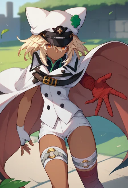 score_9, score_8_up, score_7_up, source_anime, 1girl, striveramlethal, dark skin, expressionless, looking at viewer, outstretched arm, hat, four-leaf clover, orange eyes, cape, white shirt, white gloves, fingerless gloves, white shorts, thigh strap, bandages, bandaged arm, bandaged leg, outdoors <lora:guiltygear_strive_ramlethal_ponyXL:1>
