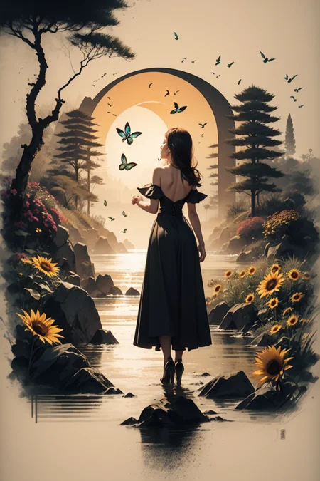 <lora:Calligraphy-ink-style-darquelilly-v1:1> calligraphyinkstyle, a woman from behind,surrounded from butterflies n a sunflower meadow, fairy dust, volumetric lighting, sunrise, black background