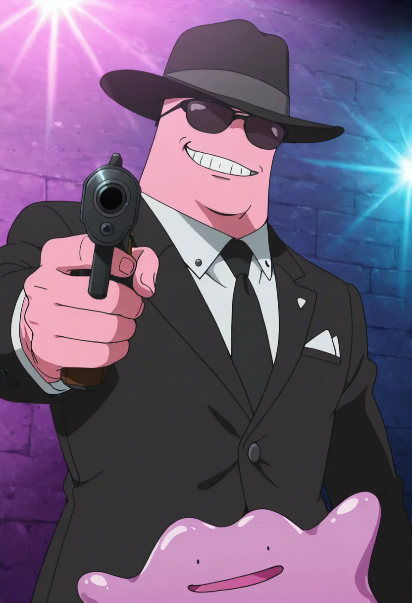 masterpiece, best quality, anime screencap, (solo, no humans), zzDitto, smug, smile, teeth, sunglasses, suit, necktie, black hat, mafia, gun, aiming at viewer, ,<lora:DittoPokedex_IXL_v1:1.0>,