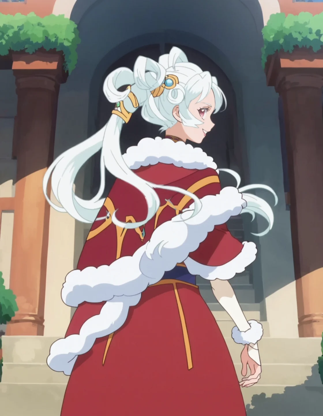 score_9, score_8_up, score_7_up, anime screencap, solo,1girl,sharon,white hair,dress, cape, looking at viewer, twintails, choker, fur trim,hair rings, jewelry,smile,medium breasts,cowboy shot,from behind <lora:sharon_pony:0.8>
