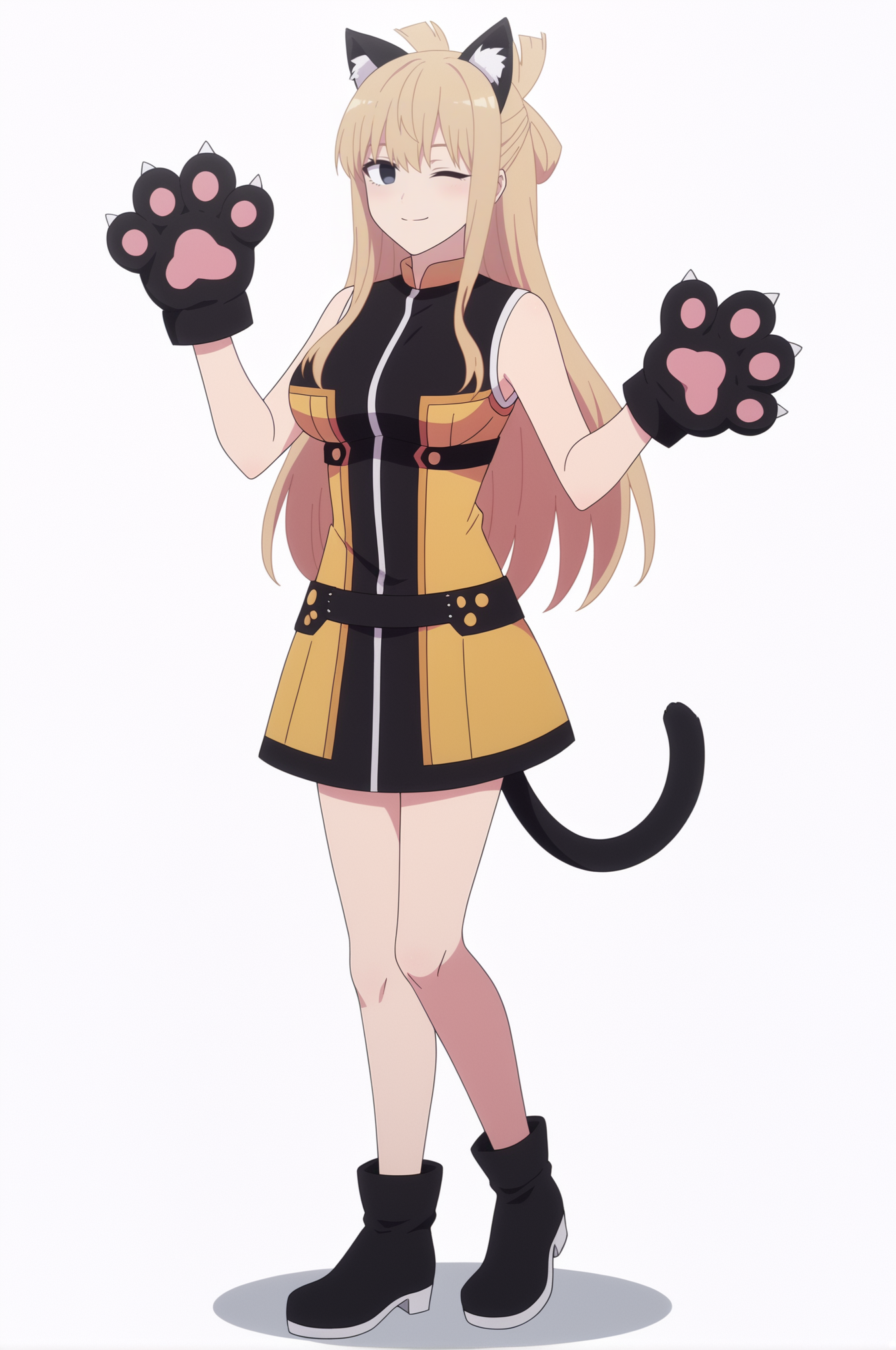 <lora:Yumeko_Suzukiri:0.8>, white background,  Yumeko Suzukiri, 1girl, one eye closed, solo, animal ears, tail, cat ears, cat tail, paw gloves, full body