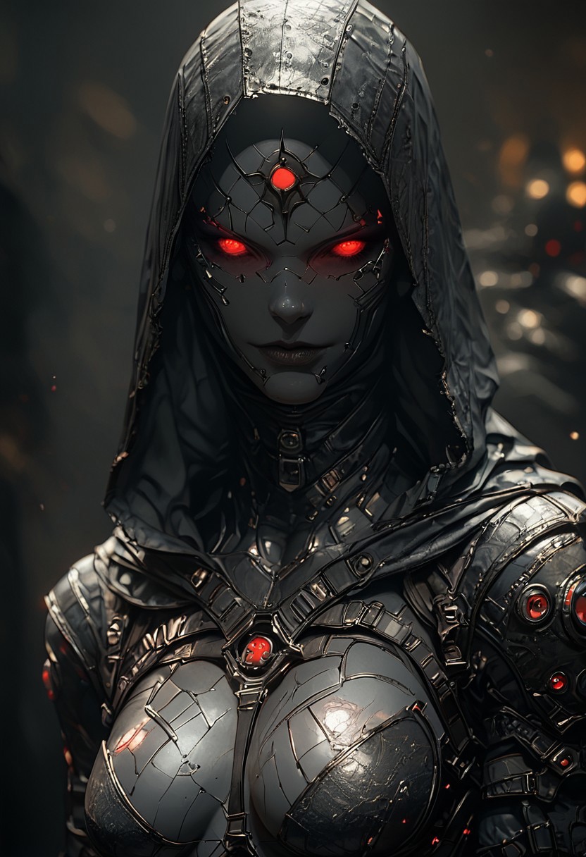 score_9, score_8_up, score_7_up, score_6_up, 1girl, robotic parts, cyborg body, metal skin, black skin, hood up,  slutty Smile, skank, slutty, seductive, Curious Eyes, hourglass figure, medium breasts, large ass, thigh gap, (Standing with the upper body leaning back), hkevil, sinozick style, flat color, dark theme, Expressiveh, harness, garter, straps, cupless bra