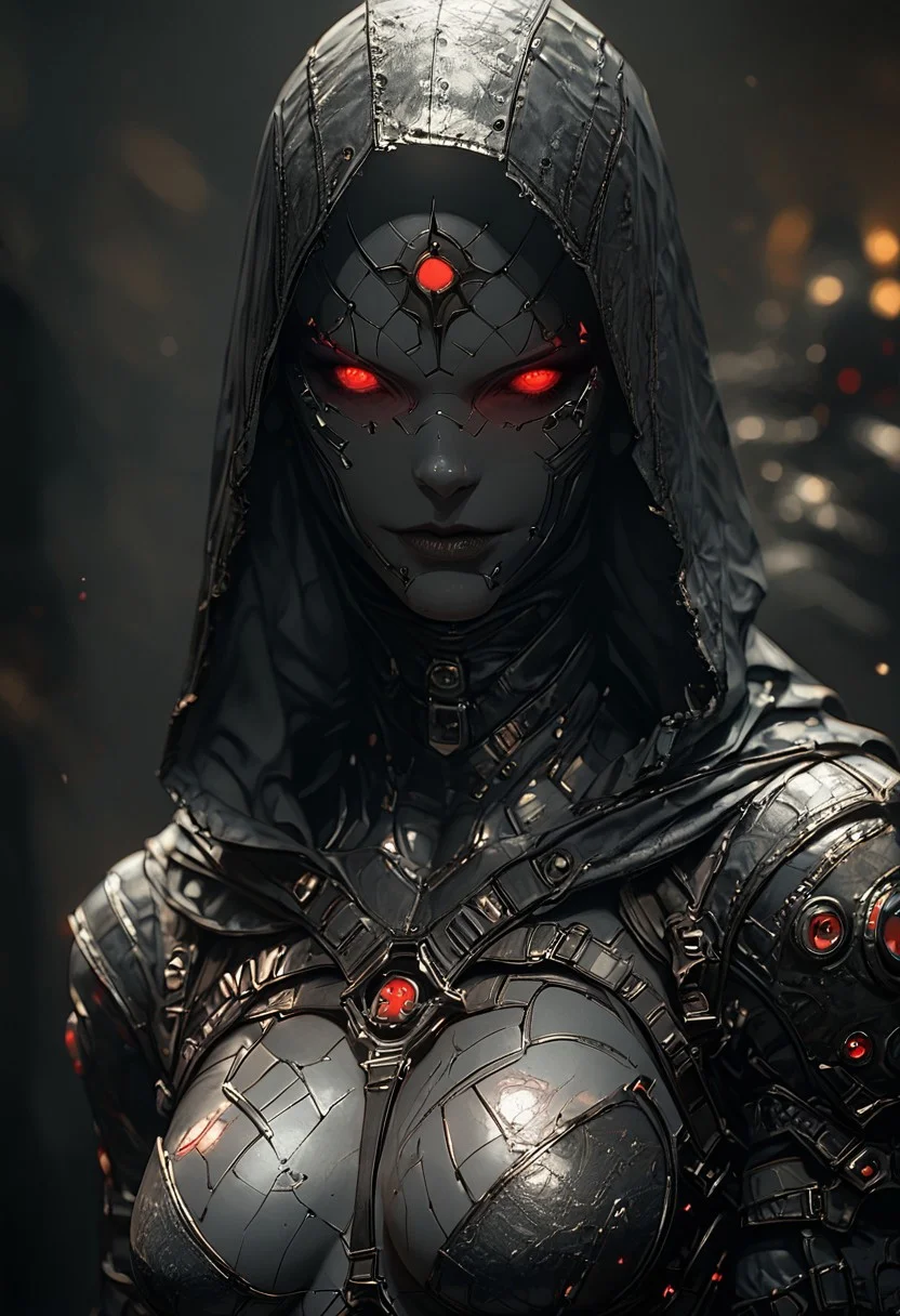 score_9, score_8_up, score_7_up, score_6_up, 1girl, robotic parts, cyborg body, metal skin, black skin, hood up, slutty Smile, skank, slutty, seductive, Curious Eyes, hourglass figure, medium breasts, large ass, thigh gap, (Standing with the upper body leaning back), hkevil, sinozick style, flat color, dark theme, Expressiveh, harness, garter, straps, cupless bra