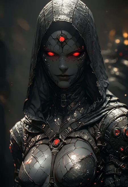 score_9, score_8_up, score_7_up, score_6_up, 1girl, robotic parts, cyborg body, metal skin, black skin, hood up, slutty Smile, skank, slutty, seductive, Curious Eyes, hourglass figure, medium breasts, large ass, thigh gap, (Standing with the upper body leaning back), hkevil, sinozick style, flat color, dark theme, Expressiveh, harness, garter, straps, cupless bra