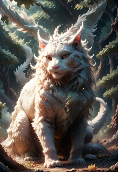 PonyXLV6_Scores, score_9, score_8_up, score_7_up, masterpiece, AP, mythical beast, white cat, falling leaves, spooky scene, dark, forest, exotic dragon, dragon cat