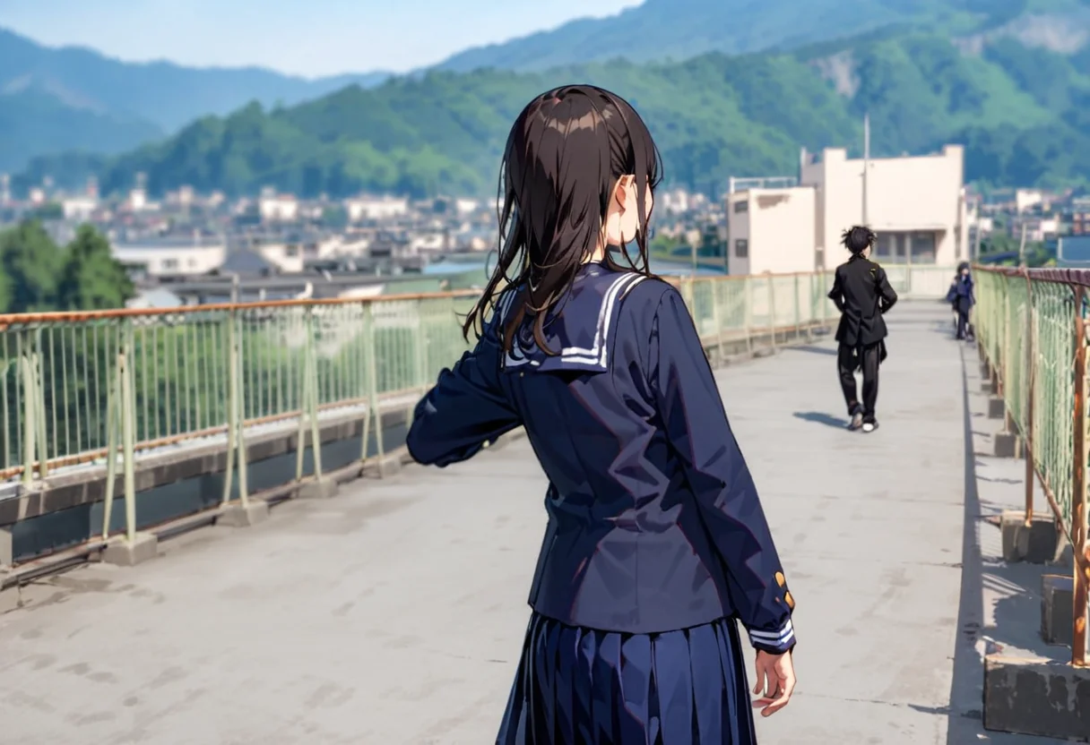 masterpiece, best quality, very aesthetic, absurdres,
okujyou, 1girl, 1boy, outdoors, school uniform, long hair, blurry, black hair, skirt, mountain, serafuku, blurry background, day, railing, gakuran, blue skirt, depth of field, long sleeves, from behind, brown hair, black pants, sky, building, sailor collar, pants, blue shirt, shirt
<lora:gakkou_okujyou_SDXL_V1:1>