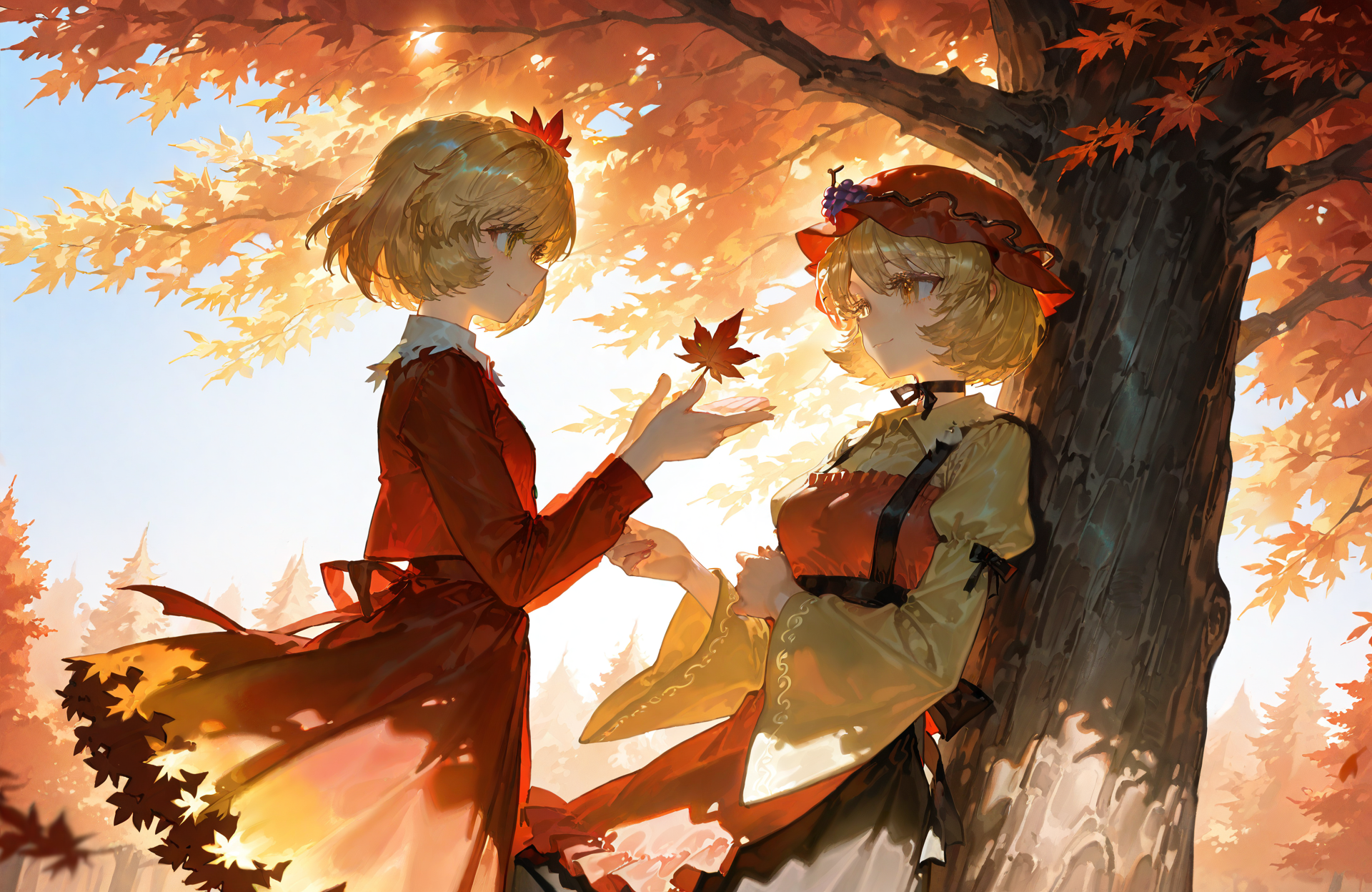 2girls , aki_minoriko, aki_shizuha ,highres ,apron, blonde_hair ,dress ,grape_hat_ornament ,hat, multiple_girls ,red_apron ,red_dress ,red_hat ,short_hair ,smile ,leaf ,maple_leaf , outdoors  ,tree,
rella, rolua, quasarcake:0.8,negative space,  very awa,
masterpiece, best quality, Good quality, very aesthetic, absurdres, newest, (Perfect details),
<lora:ponyv5_noobE11_1_adamW:0.7>, <lora:illustrious_noobai_epsilon_pred_1_best_quality_v1:0.7>, <lora:illustrious_noobai_epsilon_pred_1_masterpieces_v1:0.7> ,<lora:illustrious_noobai_epsilon_pred_11_very_aesthetic_v1:0.7>,