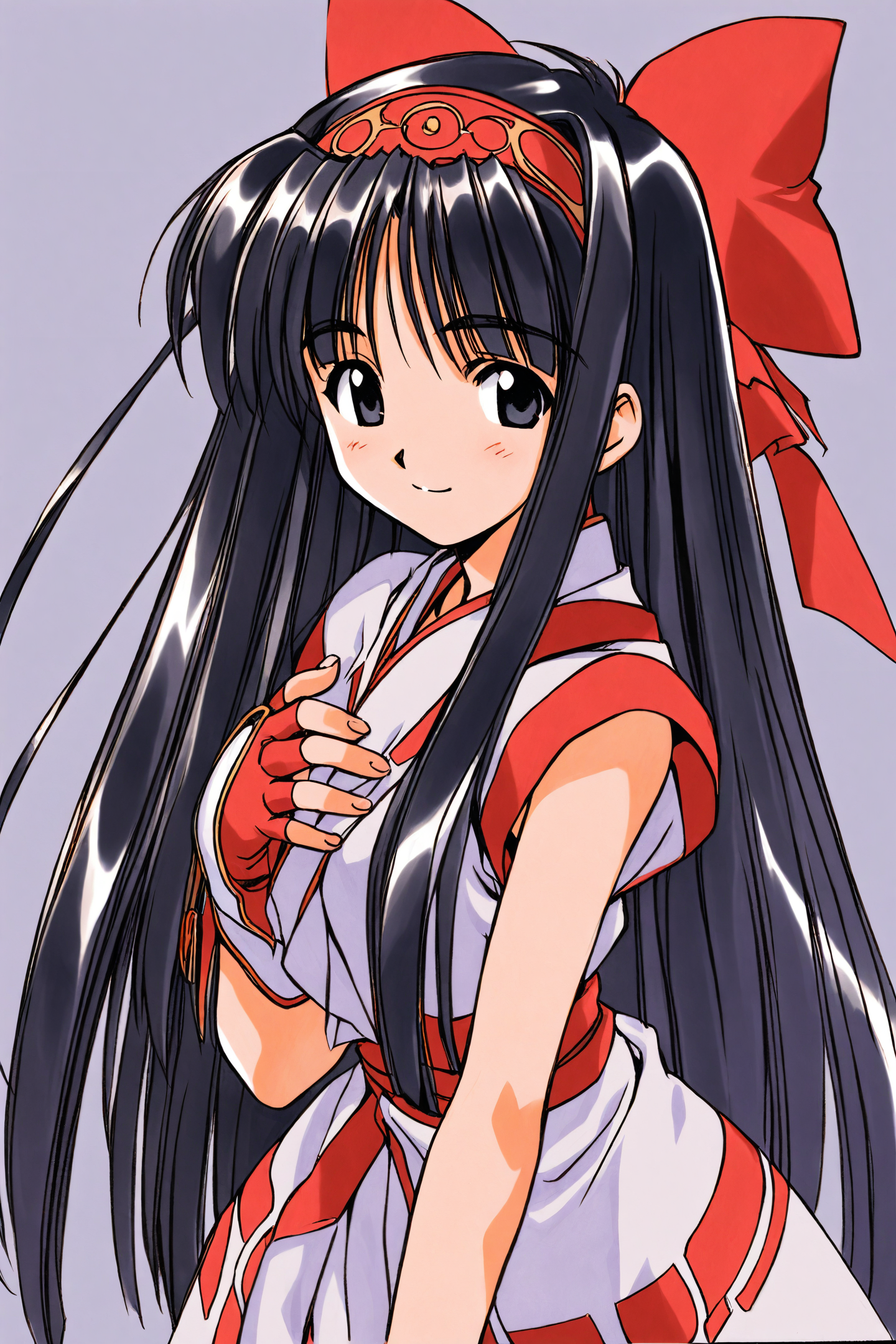 NakoRuru,1girl,solo,long hair,red bow,bow,black hair,hair bow,fingerless gloves,hairband,gloves,black eyes,ainu clothes,smile,simple background,looking at viewer,hand on own chest,
<lora:Akamatsu Ken_XL:0.8>,