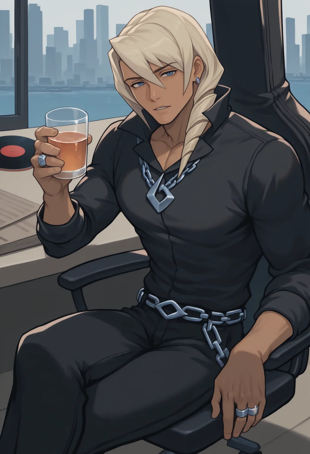 anime, masterpiece, best quality, male focus, solo, 1boy, klvgv, dark-skinned male, parted lips, looking at viewer, holding cup, drinking glass, water, sitting, office chair, crossed legs, blonde hair, hair between eyes, drill hair, hair over shoulder, blue eyes, black shirt, collared shirt, popped collar, long sleeves, black pants, belt, earrings, chain necklace, ring, indoors, office, record, guitar case, instrument, glass, day, cityscape
<segment:yolo-Anzhc Face seg 640 v2 y8n.pt,0.4,0.5//cid=1>