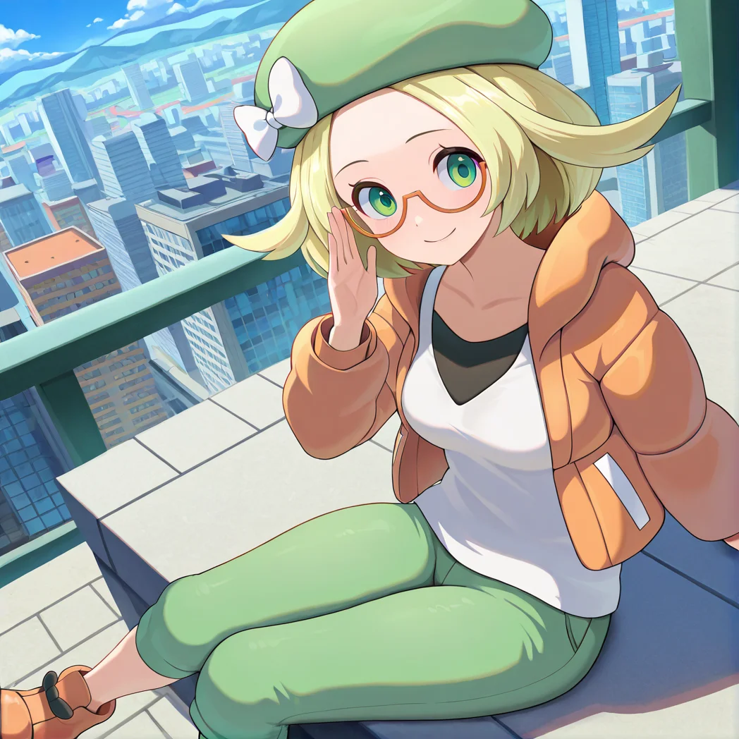 (masterpiece), (best quality), (ultra-detailed), amazing quality, very aesthetic, illustration, perfect composition, intricate details, absurdres, incredibly absurdres, <lora:bianca_bw2_illustrious:1>, biancabw2,1girl, solo, blonde hair, beret, orange jacket, open jacket, white shirt, smile, glasses, outdoors, cityscape, white bow, hat bow, green hat, green pants, orange footwear, sitting, green eyes, breasts,