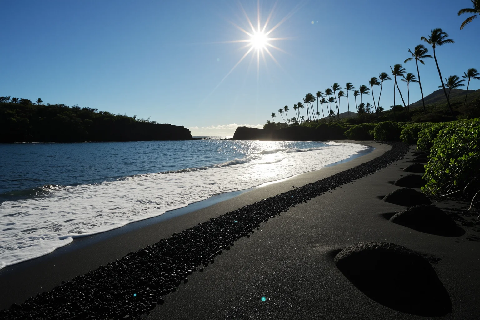 A professional wide shot photography  Along a secluded Black Sand Beach in Maui where lava meets waves and proud palms stand in contrast, At late morning, (bright sun:1.1) glints on black grains, crisp palm silhouettes streak across lava stones, waves sparkle turquoise. ,, Masterpiece,best quality,realistic,HDR, 8K, masterpiece, absurdres, highly aesthetic,realistic anatomy,focus on realism and natural details, fine details