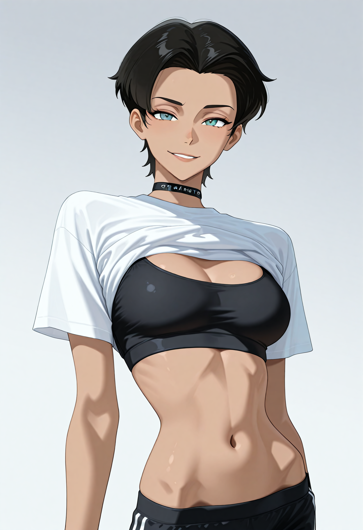 otokakoto, 1girl, solo, 4nissa, upper body, black sports bra, black underwear, white shirt, shirt lift, looking at viewer, smile, hip bones, gray background, dark background, absurdres, newest, masterpiece, top quality, best quality, <lora:AnissaIL:1> <lora:otokakotostyleIL:1>