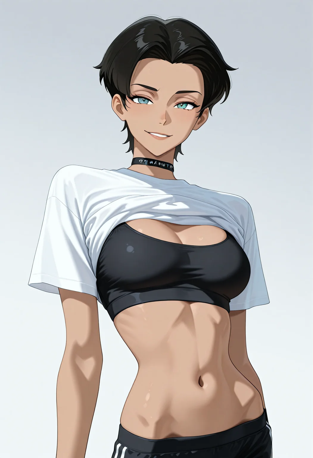 otokakoto, 1girl, solo, 4nissa, upper body, black sports bra, black underwear, white shirt, shirt lift, looking at viewer, smile, hip bones, gray background, dark background, absurdres, newest, masterpiece, top quality, best quality, <lora:AnissaIL:1> <lora:otokakotostyleIL:1>