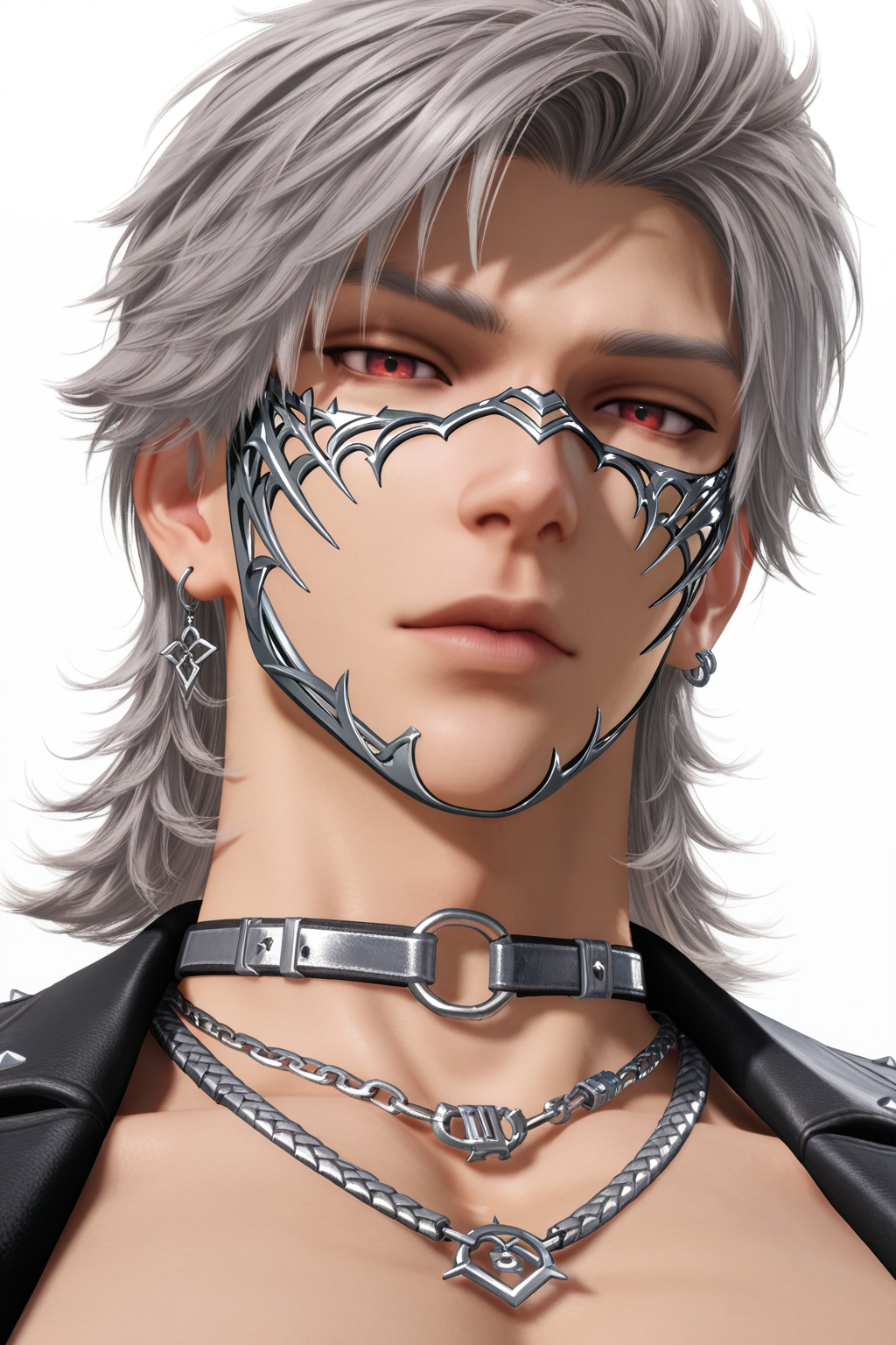 <lora:sylus-IL-000006:0.8>,sylus, portrait, grey hair, red eyes, solo, jewelry, 1boy, earrings, male focus, looking at viewer, choker, white background, from below, simple background, necklace, mask,BDSM,medium hair,yaoi,bara,male focus,very awa,masterpiece,best quality,amazing quality,nsfw,uncersored,highres,best quality,amazing quality,best aesthetic,absurdres,