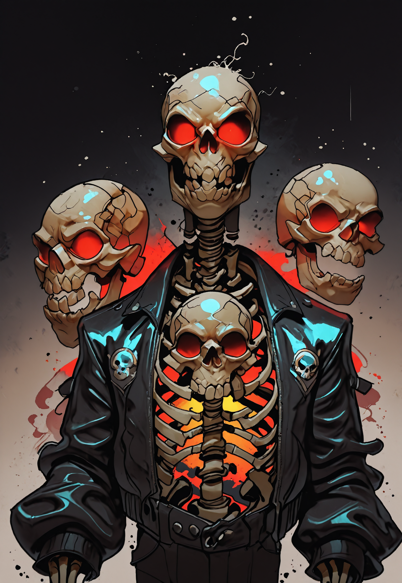 MythAn1m3, INCASE Style,   Title: "Dark Gothic-Style Illustration - Skull-Faced Figure"  Art Style: A dark, gothic-style illustration featuring a central figure with a skull-like face, red eyes, and an ornate umbrella with Japanese characters. The style emphasizes intricate details and a somber, mysterious atmosphere.  Subject & Details: The central subject is a figure with a skull-like face, red eyes, dressed in a black leather jacket adorned with intricate designs and symbols, including a skull emblem on the left side. The attire also includes a helmet with a similar skull design. The figure carries a large, ornate umbrella with Japanese characters.  Visual Elements: The figure's skull-like face, red eyes, black leather jacket with intricate designs and symbols, helmet, and ornate umbrella contribute to the dark and mysterious atmosphere of the image. The muted background with soft beige tones and faint silhouettes of birds in the distance add depth and visual interest. The overall color palette is dominated by dark shades of black, gray, and white, with the red eyes providing a striking contrast.  Composition: The composition focuses on the central figure's somber and mysterious appearance, emphasizing intricate details and the gothic atmosphere. Attention to detail in the character's facial expressions, body language, and physical characteristics helps create an immersive experience that tells a story or evokes emotions without relying on text. The overall color palette and muted background add depth and visual interest to the image.  Additional Details: The dark, gothic-style illustration exudes a sense of mystery and intrigue, with the figure's skull-like face, red eyes, and ornate accessories contributing to an air of foreboding and drama. solo, looking_at_viewer, short_hair, simple_background, shirt, 1boy, red_eyes, hat, jacket, upper_body, monochrome, male_focus, open_clothes, open_jacket, black_jacket, gradient_background, mask, glowing, glowing_eyes, clothes_writing, zipper, skull, cyborg, skeleton, cyberpunk, skull_print