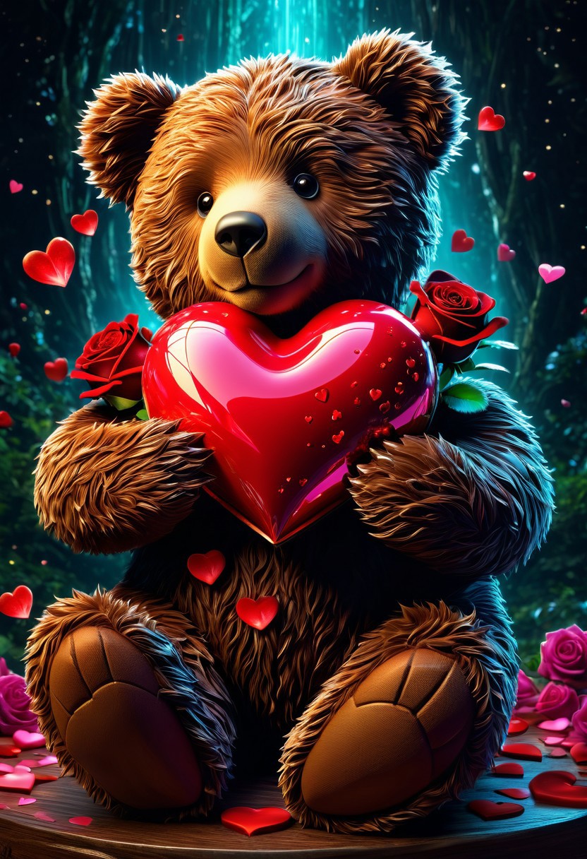 Valentine's Day, Teddy Bear Embrace a heart In Love, Hearts floating in air, Artwork that conveys the rich colors, textures, and emotions associated with the pairing of chocolates and roses on Valentine's Day. bioluminescent. breathtaking fairytale concept art, by Alberto Seveso, Cyril Rolando, Dan Mumford, Carne Griffiths, Meaningful Visual Art, Detailed Strange Painting, Digital Illustration, Unreal Engine 5, 32k maximalist, hyperdetailed fantasy art, 3d digital art, sharp focus, masterpiece, fine art, with high detail in textures and lighting