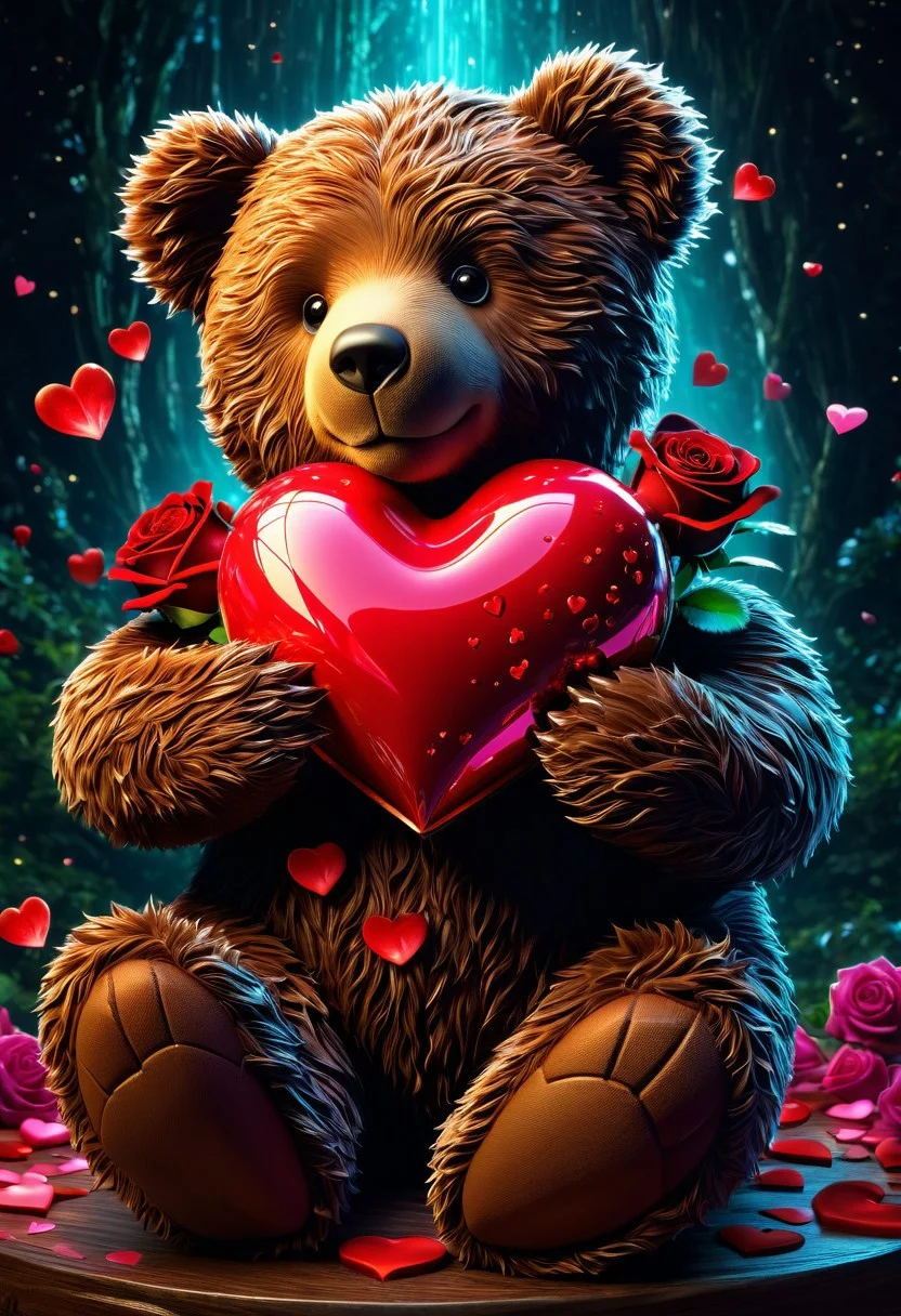 Valentine's Day, Teddy Bear Embrace a heart In Love, Hearts floating in air, Artwork that conveys the rich colors, textures, and emotions associated with the pairing of chocolates and roses on Valentine's Day. bioluminescent. breathtaking fairytale concept art, by Alberto Seveso, Cyril Rolando, Dan Mumford, Carne Griffiths, Meaningful Visual Art, Detailed Strange Painting, Digital Illustration, Unreal Engine 5, 32k maximalist, hyperdetailed fantasy art, 3d digital art, sharp focus, masterpiece, fine art, with high detail in textures and lighting