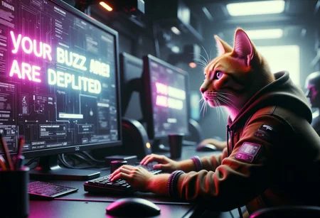 extremely photorealistic ultra-detailed, An intense, photorealistic photography, inside a space craft ,multiple giant screen , an orange cat, wearing hoodie, and tactical boots, sitting on front of his gaming computer, (shock expresion, crying,) hesaid speech buble "flux ate my buzz", panicking while watching a giant screen display that display "your buzz are depleted" (with big bold textS)