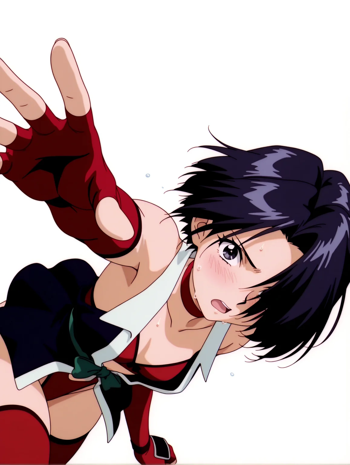 masterpiece,best quality,newest,
1girl,solo,
anime screencap,
<lora:matsuri_ilxl_v1.0:1>,matsuri,parted lips,black hair,short hair,hair over one eye,black eyes,
m_clothes,choker,bare shoulders,elbow gloves,fingerless gloves,open clothes,green bow,red thighhighs,
<lora:Fixhands_anime_bdsqlsz_V1:1>,(looking_at_viewer:1.2),simple_background,white background,light_blush,Inside a Spaceship,reaching towards viewer,panicking,open mouth,sweat,jumping,
