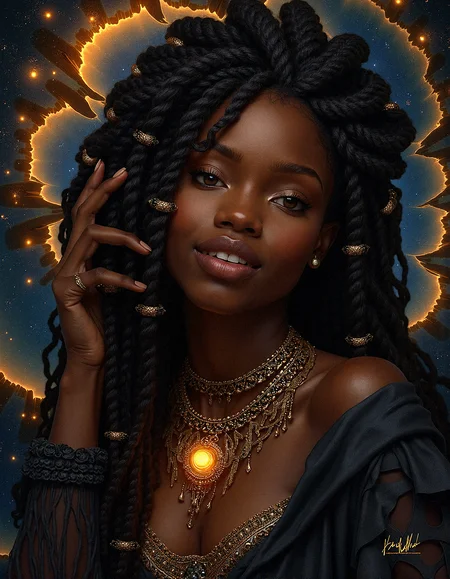 a detailed realism image of a dark-skinned woman with dark braids and beads, her hair blending seamlessly into a spiraling, fractal-like pattern with detailed skin and detailed skin pores The background glows with star-like particles, giving the impression that she is weaving the cosmos itself with her hair.
small, golden embers floating in the darker areas of the background, adding a touch of warmth and life to the scene.shadowed areas within the fractal background that resemble caverns or voids, adding depth and mystery to the composition.
a choker with intricate beadwork and a central gemstone that glows softly, drawing attention to her neckline and face. a long, flowing cape with fractal patterns that shimmer softly, enhancing her silhouette and connecting her to the ethereal background.
Emphasize her defined jawline and chin with subtle shading, giving her face a strong, elegant structure.er lips a slightly rosy hue, enhancing their natural color and making them look healthy and full.tiny light reflections on her lips, giving them a wet, glossy look that enhances their fullness.
One hand resting lightly on her cheek, head resting gently on her hand, with a serene smile.