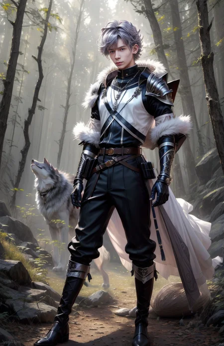 8k, ((masterpiece)).((best quality:1.2)), sharp focus, full body, head to toe, 1 young man, 22 years old, youthful appearance, male focus, dynamic pose, silver colored hair, curly hair, EYESHD, Nora outfit fur accents, Nora outfit bead necklaces, Nora outfit pants, Nora outfit hip quiver, Nora outfit leg guards, Nora outfit arm braces, Nora outfit belt with pouches, and Nora outfit fur boots, defined body, thin waist, looking at camera, armor, detailed background a wooded clearing, a pet wolf standing nest to him,(absurdres) , <lora:more_details:0.5>, <lora:wrenchftmfshn>,<lora:add-detailxl:0.8>, <lora:Eyes_High_Definition-000007>, <lora:bulge:1>, <lora:lightup_brightness_v200:1>, <lora:Nora:1>