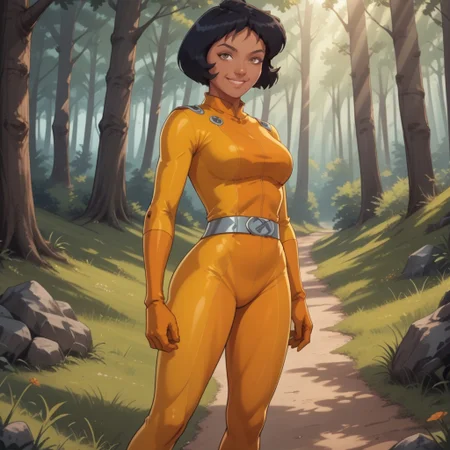 score_9, score_8, BREAK, solo, Alex_(Totally_Spies), short hair, black hair, bob cut, brown eyes, dark skin, dark skin female, yellow latex bodysuit, belt, skin tight, yellow gloves, high heels, sexy pose, self portrait, smile, looking at viewer, outdoors, sunlight, shadows, evening lighting, natural lighting, forest, trees, grass, orange sky, sunset