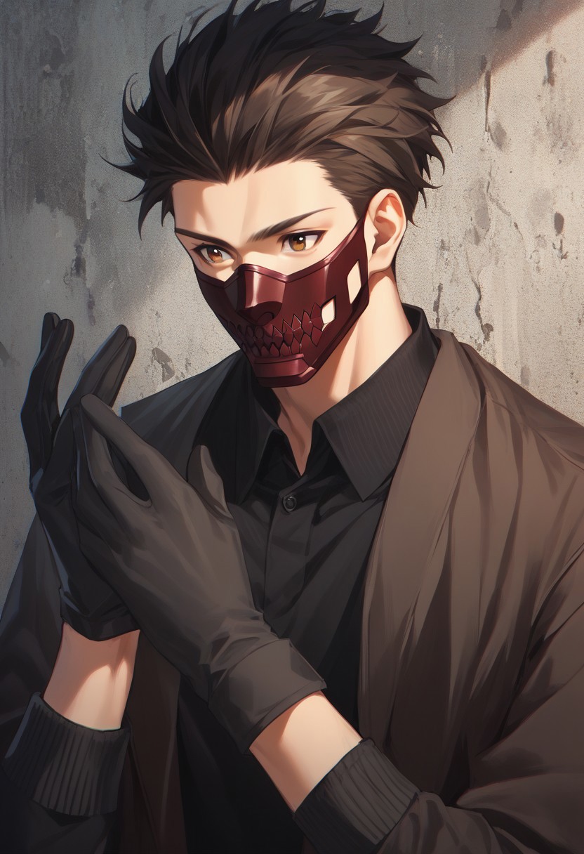 score_9, score_8_up, score_7_up, source_anime, rating_safe, Chromofuri, 1boy, male focus, dark brown hair, brown eyes, black shirt, red mouth mask, dark grey gloves, hands with five fingers,