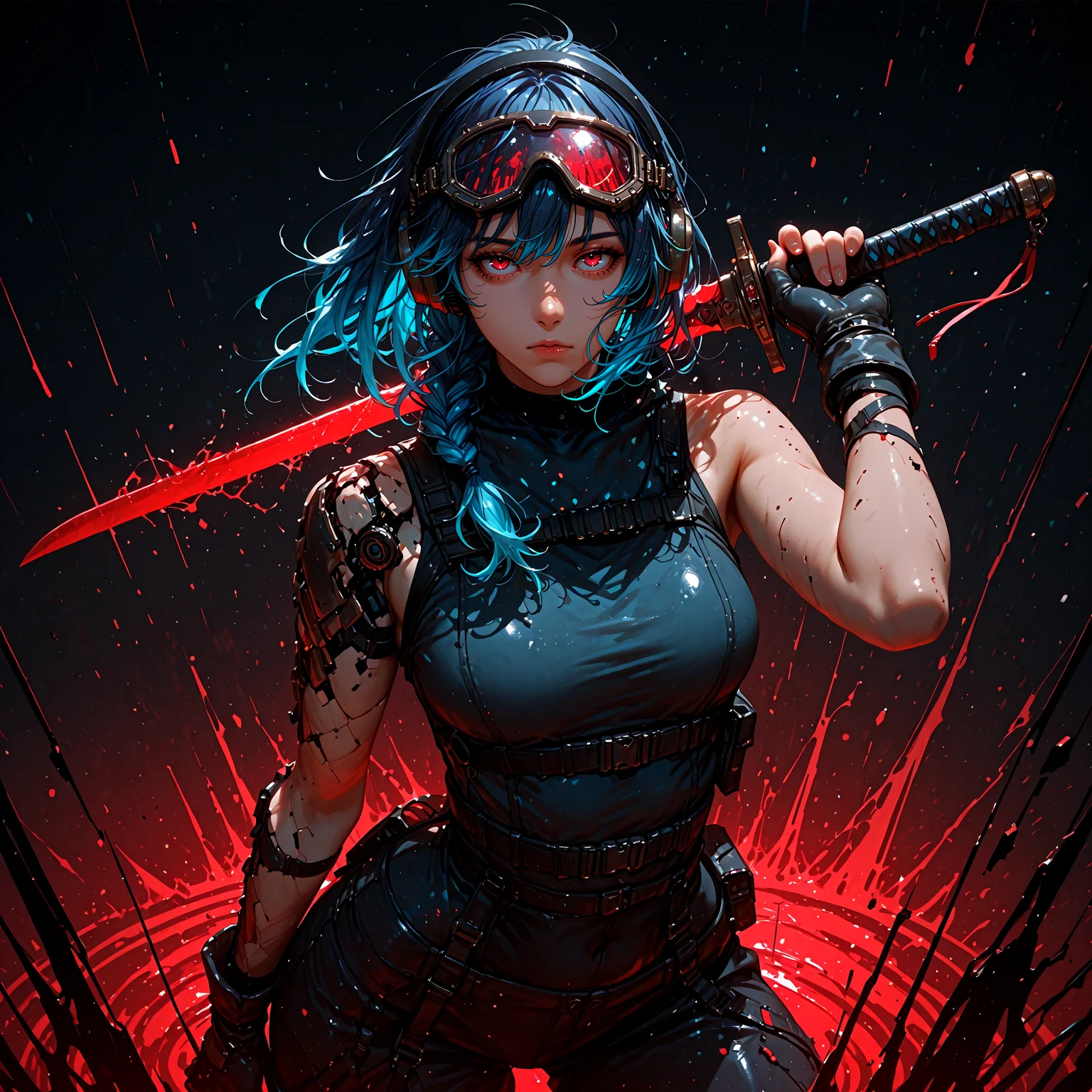 masterpiece, best quality, good quality, newest, highres, absurdres, 8K, realistic, red palette, multicolored background, 1girl, sleeveless, standing, looking at viewer, fingerless gloves, holding sword, medium hair, braided ponytail, blue hair, gradient hair, goggles, headphones, expressionless, (dynamic pose,:1.2), (lineless:1.2), (distortion effect:0.9), (disintegration effect:1.1), <lora:add-detail-xl:3>
<lora:unfazed mixed gothic - IL:0.8>